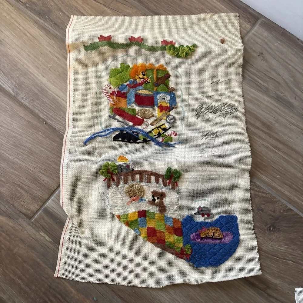 Vintage Handpainted Needlepoint Canvas Sleeping Christmas Stocking Unfinished